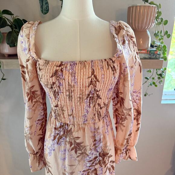 House of Harlow Puff Sleeve Midi Dress Small Palm Floral Cottagecore Feminine S - Picture 3 of 9